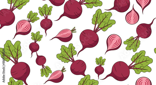 Vibrant seamless pattern of whole beets with green leaves and sliced beet cross-sections on a crisp white background for food design.