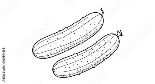 Two long cucumbers shown in a clean black and white line drawing style with textured skin and small stems on a white background.