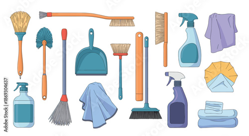 Large collection of cleaning supplies including various brushes, spray bottles, a dustpan, mops, and folded microfiber cleaning cloths.