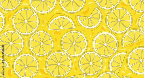 Refreshing citrus pattern background with many yellow lemon slices and juice droplets creates a vibrant summer mood for graphic projects.