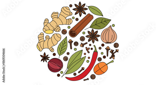 Culinary spices and aromatic herbs like ginger, cinnamon, and chili arranged in a circular composition for cooking and food preparation.