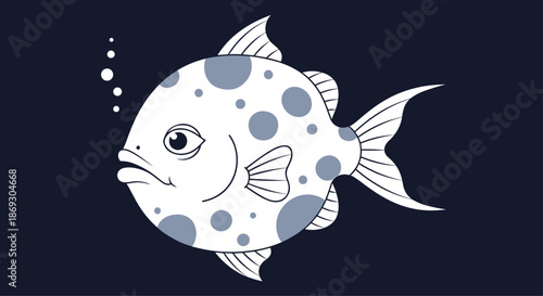 Unique round spotted fish swimming in deep dark water with small rising bubbles represents marine life and biodiversity in the ocean.