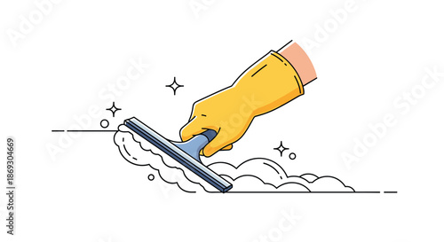 Person wearing a yellow rubber glove uses a window squeegee to wipe away soap foam on a clean surface during household cleaning chores.
