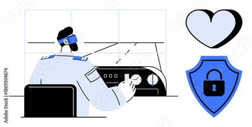 Safety protocols, data security, system monitoring, health care, control operations, trusted service. Person operating control panel with heart and shield icons. Safety protocols and data security
