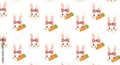 Sweet seamless pattern of cute bunny heads wearing pink bows and holding fresh orange carrots on a clean white background.