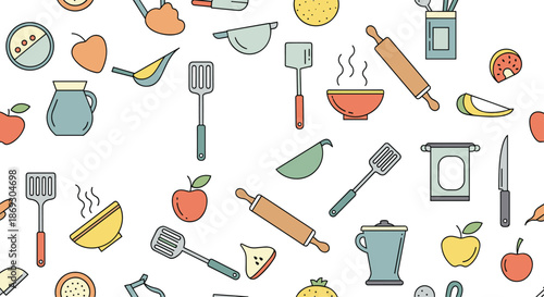 Seamless pattern with colorful kitchen tools, apples, and bowls creates a playful backdrop for cooking blogs and bakery website designs.
