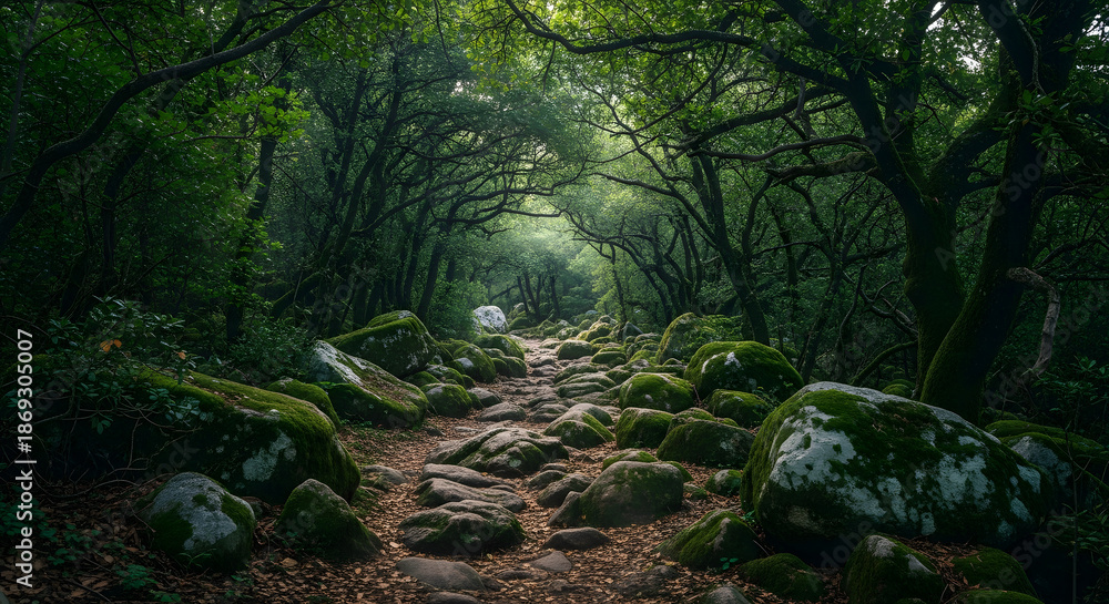 Obraz premium Rocky Path Covered in Moss Leading Through Dense Green Forest Ca