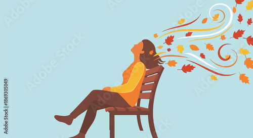Illustration of woman sitting on a chair outdoors enjoying the autumn breeze and falling leaves, feeling relaxed and at peace
