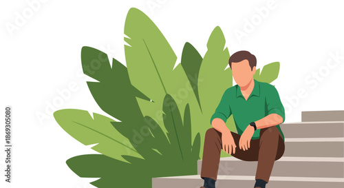 Illustration of man sitting on outdoor stairs next to lush green foliage, looking thoughtful and contemplative