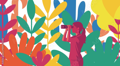 Illustration of woman with ponytail looking through binoculars in a vibrant, colorful abstract background of large leaves and plants