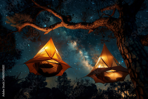 Overnight stay in tents suspended from trees under the starry sky at a treetop campsite