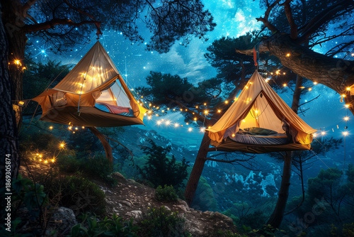Treetop camping: A romantic getaway in tents with lanterns hanging from trees and rising above the ground under the starry sky.