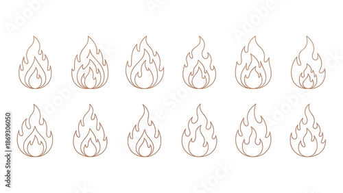 Minimal line art flame icons set, hand-drawn style with elegant curves, isolated on white background, perfect for logos, branding, fire symbols, and modern design elements.
