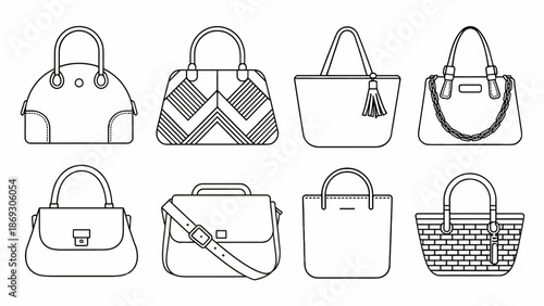 Collection of various handbag designs in black and white