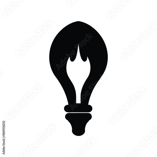 Stylized black lightbulb with inner flame, representing inspiration and innovative ideas