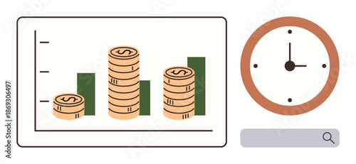 Financial planning, investment strategies, time management, economic growth, savings, business analytics. Coin stacks rising alongside bar graph and clock. Financial planning and investment