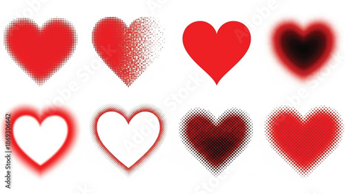 A collection of eight different red heart icons displayed in two rows. The styles include halftone patterns, dissolving effects, smooth gradients, and glowing outlines on a white background.