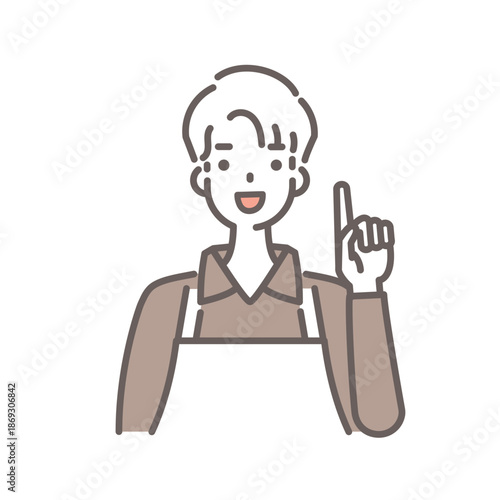 茶色のエプロンをつけた男性が指さしポーズをしているイラスト・シンプルな線画