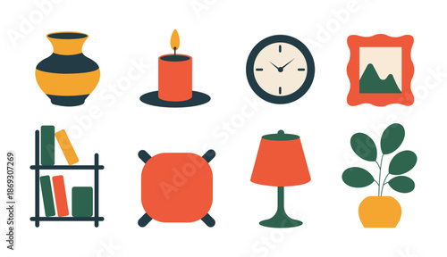 Home Interior Decor Objects Vector Icon Set