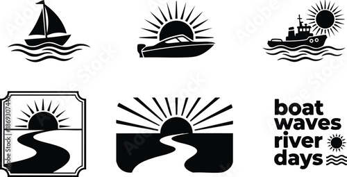 Black silhouettes of sailboat motorboat and tugboat with sun rising over water icons and stylized river sunrise scenes with text design in vector art style