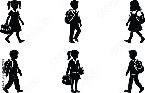 Silhouette flat design children walking with backpacks and school bags vector art set black isolated icons of boys and girls going to school from different angles side and front views