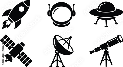 Black silhouette vector icons set of rocket launch astronaut helmet flying saucer satellite dish space telescope design isolated on white background flat style illustration