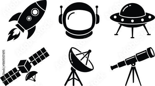 Black silhouette space themed icons including rocket with fire thruster astronaut helmet flying saucer satellite communication dish and traditional telescope in vector style