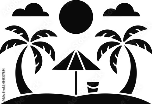 Black silhouette tropical beach scene with palm trees sun and clouds