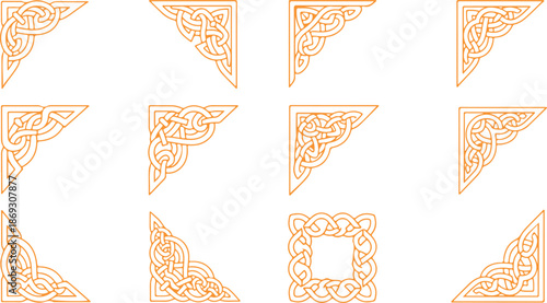 A beautiful grid of intricate Celtic knot corner designs in a warm orange outline