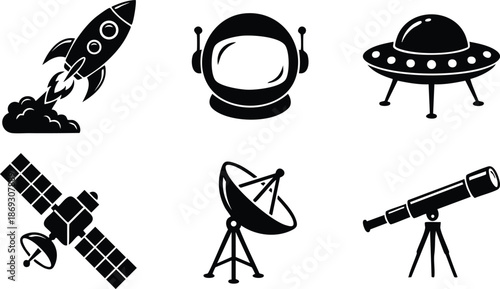 Black silhouette icons of rocket launch with smoke astronaut helmet alien spaceship satellite dish telescope set isolated on white background space and technology symbols collection