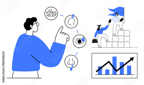 Teamwork, leadership strategies, sensory perception, decision-making, goal setting, business growth analysis. Person pointing to sensory icons, team climbing stairs chart growth. Leadership