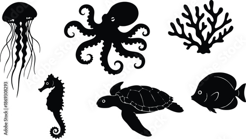 Black silhouettes of jellyfish octopus seahorse coral fish and sea turtle in underwater sea life vector set collection with detailed outlines on white background