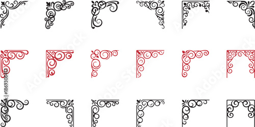 A comprehensive assortment of intricate scrollwork corner elements in classic black and red colors