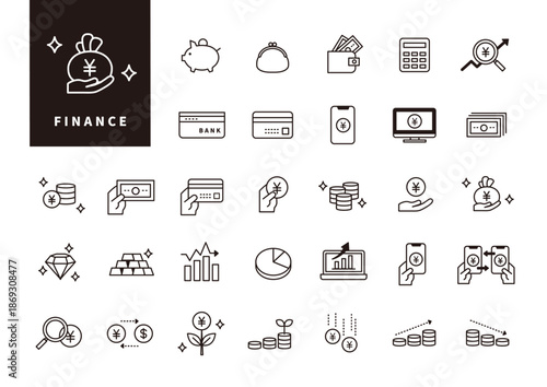 資産管理や決済を説明するための金融フラットアイコン素材集（UI・資料向け）黒線アウトライン