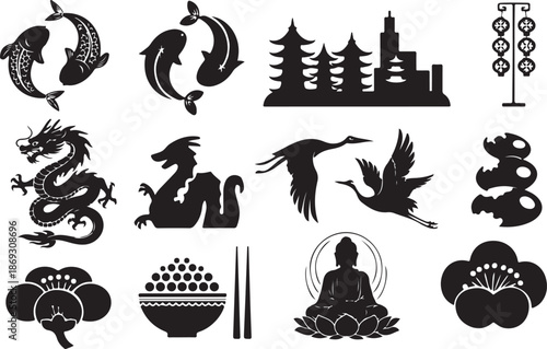 A diverse collection of black silhouettes representing various Asian cultural symbols and iconic elements