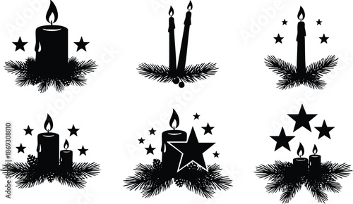 Black silhouette candle icons with pine branches stars and flames six elegant decorative designs for christmas and winter celebration festive holiday motifs