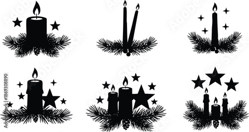 Black and white vector art of six different candle arrangements with pine branches pine cones and stars decorative silhouettes festive christmas winter holiday icons set