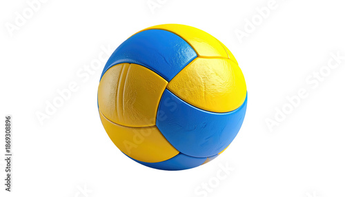 A 3D render of a volleyball, isolated against a black background. The ball features a classic pattern of blue and yellow sections