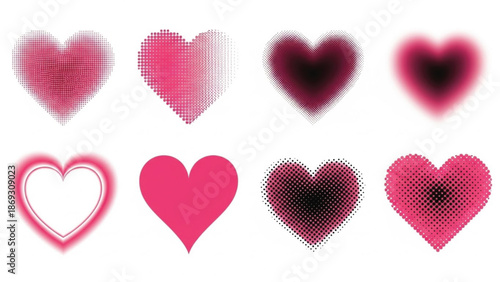 A collection of eight pink and magenta heart shapes with halftone and grunge effects isolated on white background.