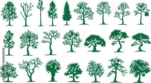 A large collection of diverse green silhouette illustrations showing various tree shapes and forms without leaves