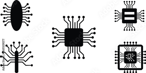 Minimalist black vector icons of various microchip and circuit board designs isolated on white background flat style electronic technology symbols in simple shapes