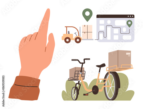 Logistics, delivery solutions, e-commerce, supply chain, transport services, online tracking. Hand pointing at delivery icons with map, bike and forklift. Logistics and delivery solutions concept