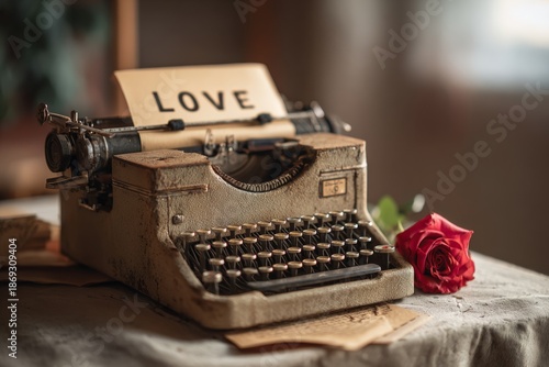 Vintage Typewriter With Love Message and Rose on Table in Warm Setting for Valentines Celebration