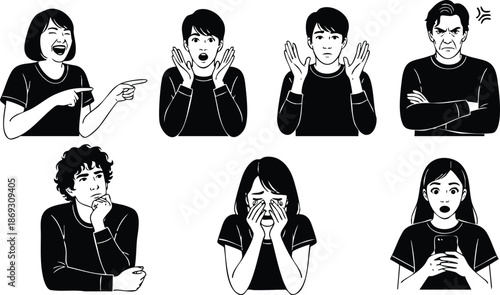 Black and white vector art showing expressive people with emotions including laughing pointing shocked thoughtful crying and angry facial expressions in minimalistic style