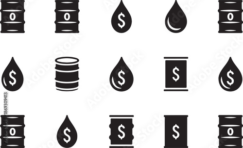 Black silhouette icons showing oil barrels and drops with dollar symbols representing fuel costs