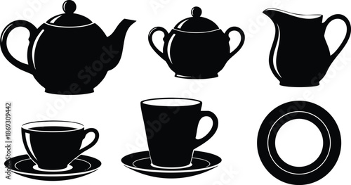 Black silhouette teapot sugar bowl milk jug coffee cup espresso cup and saucer set isolated vector art collection simple kitchenware design icons in flat style