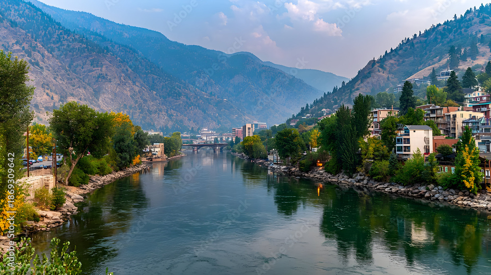 Fototapeta premium winding through a green valley, soft reflections on water surface, layered hills in background under calm sky