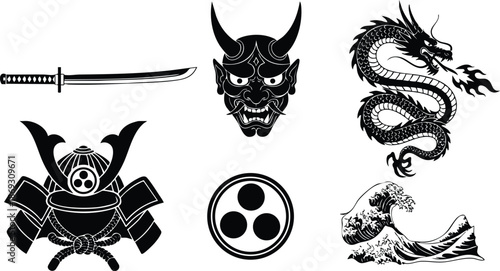 Black silhouette vector art set featuring samurai sword katana demon mask protective helmet fire breathing dragon and stylized ocean wave japanese traditional design elements in minimalist style