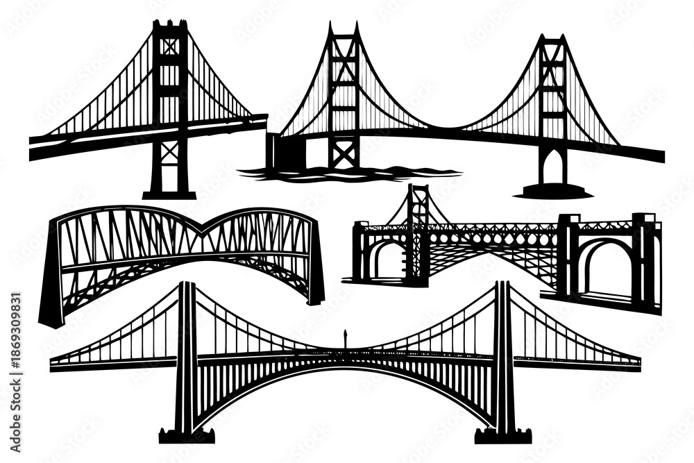 Fototapeta premium Suspension and Arch Bridge Vector Illustration Set, Black and White Line Art Collection. Famous Bridges Silhouette Vector Set, Architectural Line Art Illustration.