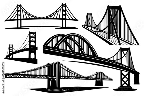Suspension and Arch Bridge Vector Illustration Set, Black and White Line Art Collection. Famous Bridges Silhouette Vector Set, Architectural Line Art Illustration.